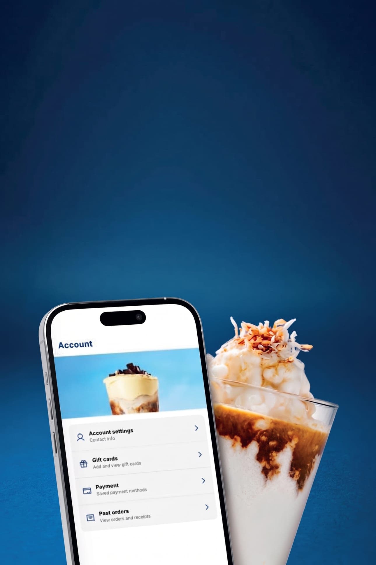 The Trạm app open on a phone beside an iced coconut coffee topped with toasted coconut, on a blue background.