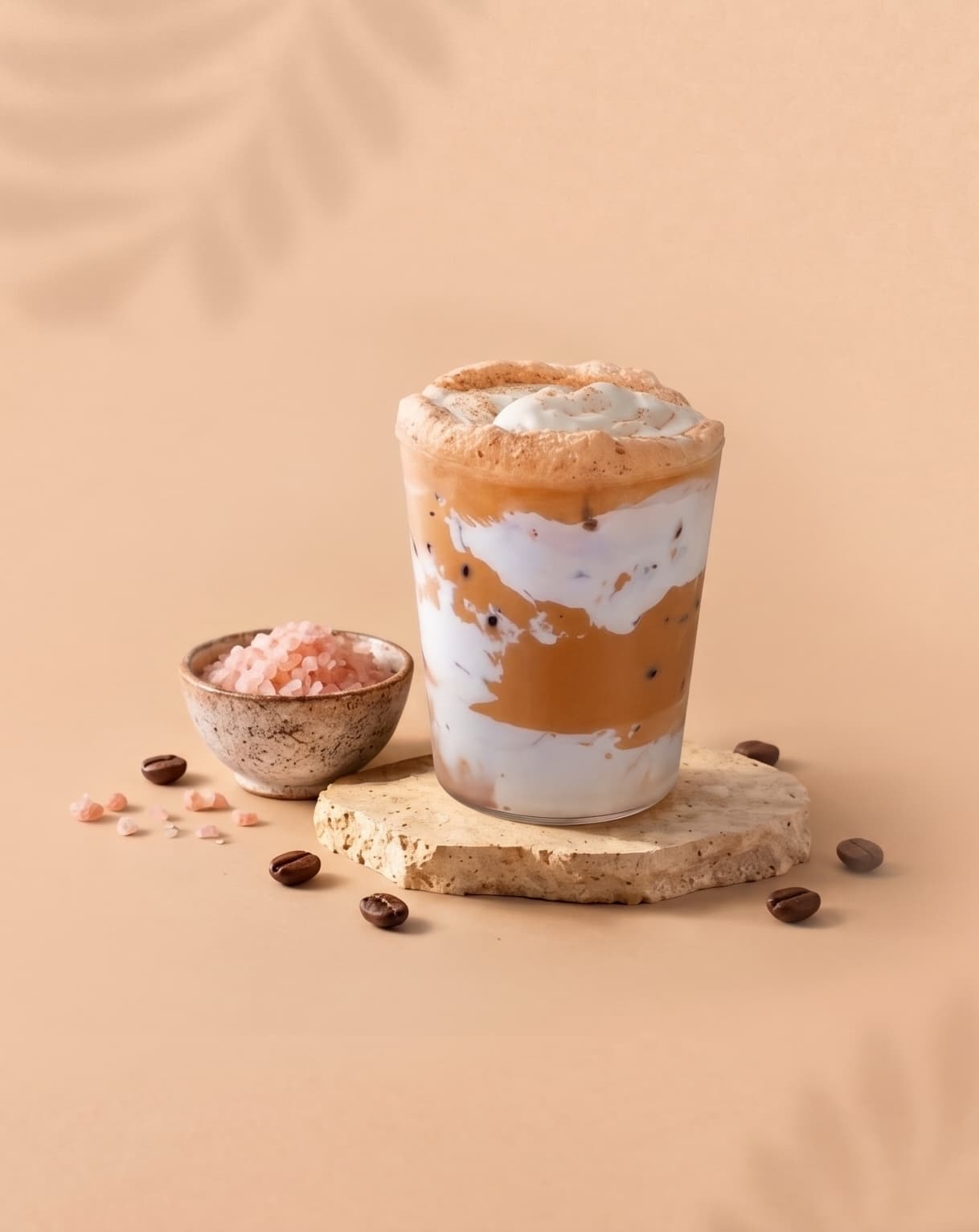 An iced einspanner salted coffee with a salted cream top on a travertine stand, beside a bowl of pink salt and scattered coffee beans.