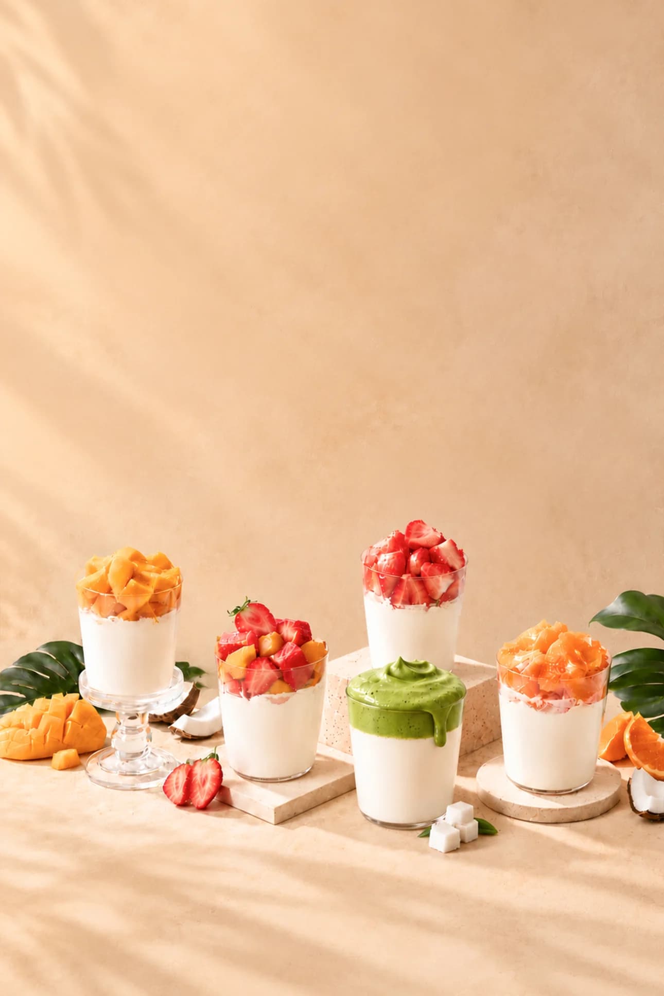 Four coconut pudding glasses topped with mango, strawberry and orange on travertine risers, against a warm beige backdrop.